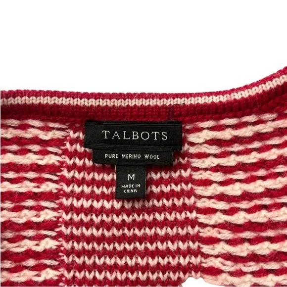 Talbots Pure Merino Wool Red Ivory Textured Knit Open Long Cardigan Classic Chic - Picture 2 of 7